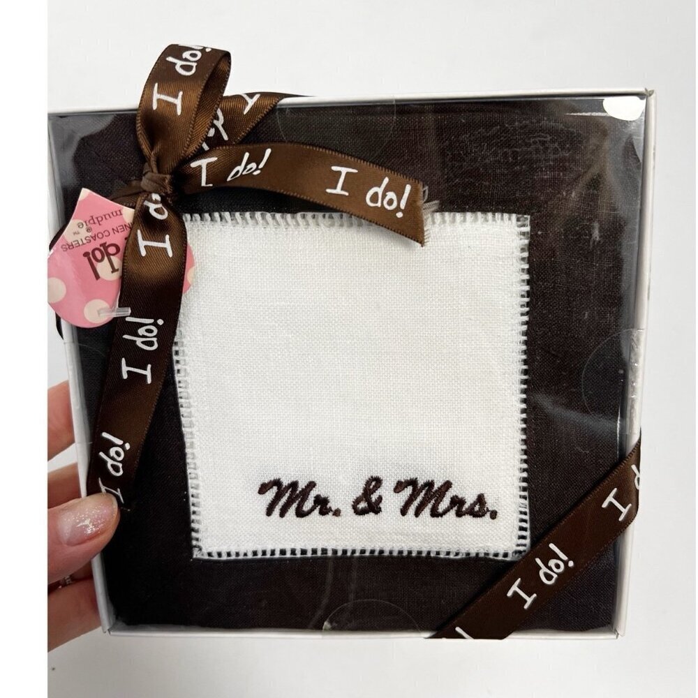MudPie I Do 4 Square Linen Coasters Mr & Mrs White Brown Wedding New